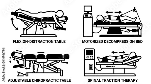 Konstfotografi Chiropractic and spinal traction therapy treatment tables icons.