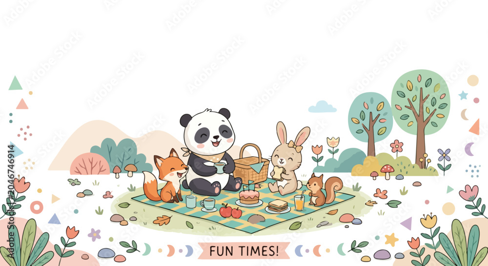 Fototapeta premium A group of cute forest animals including a panda, fox, bunny, and squirrel enjoying a picnic together in a whimsical park setting.