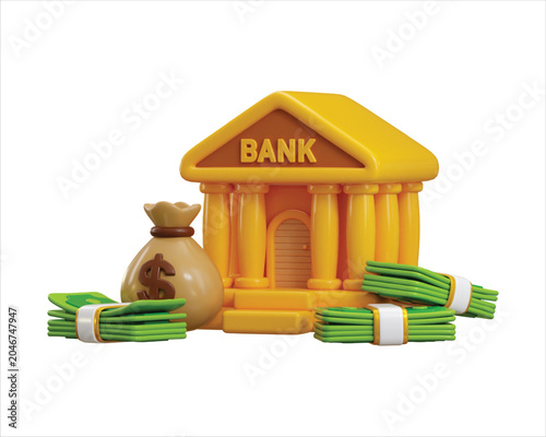 Bank Deposit icon 3d render concept of Bank Deposit and Withdrawal Transactions, bank building with money notes and money bag icon vector illustration