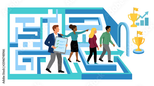 Diverse business team navigating a complex maze with expert guidance and strategic planning, successfully reaching goals and achieving success.