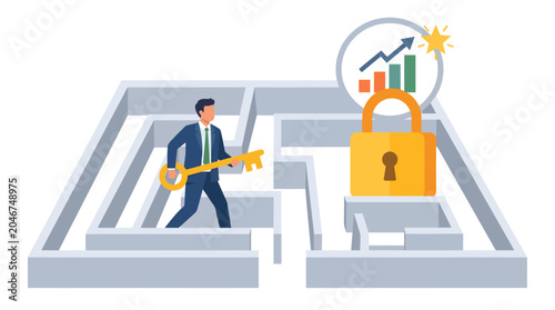 Businessman navigating a complex maze with a golden key, symbolizing strategic problem-solving to unlock business success, achieve growth, and overcome challenges.