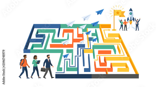 Diverse business team navigating a complex maze with strategic thinking and collaboration to achieve success, reach goals, and launch a startup rocket to new heights.