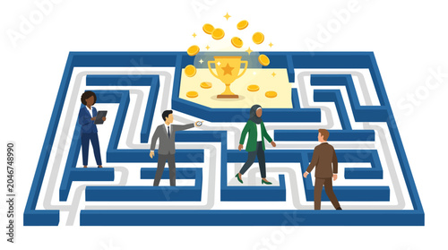 Illustration of diverse business professionals collaborating to solve a complex maze, aiming for a golden trophy and financial rewards, symbolizing strategic success.