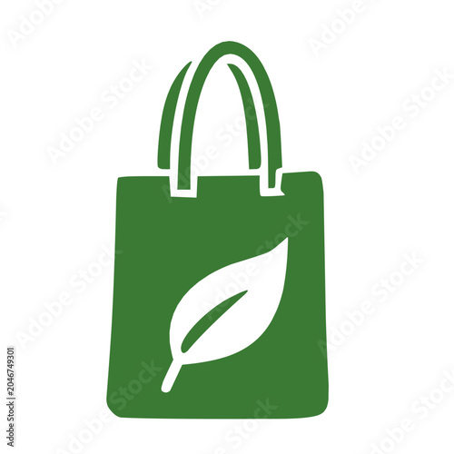 Bright green eco-friendly shopping bag with leaf logo isolated on white background.