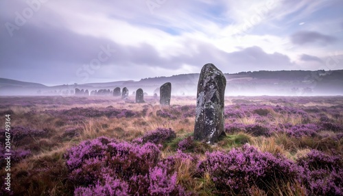 Ancient Standing Stones Emerge Through Violet Mist on a Desolate Moorland