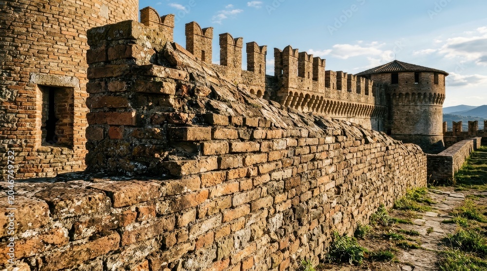Fototapeta premium Ancient Stone Castle Wall with Battlements Under a Sunny Sky