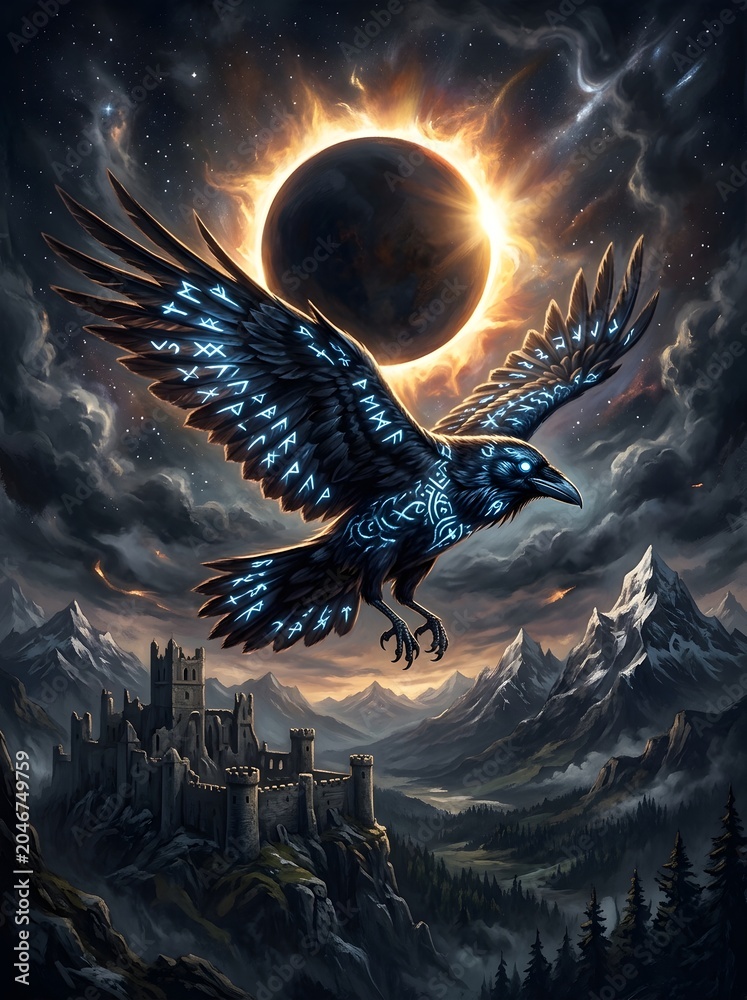 Fototapeta premium Mystical Raven Flies Through Solar Eclipse Over Ancient Castle Ruins.