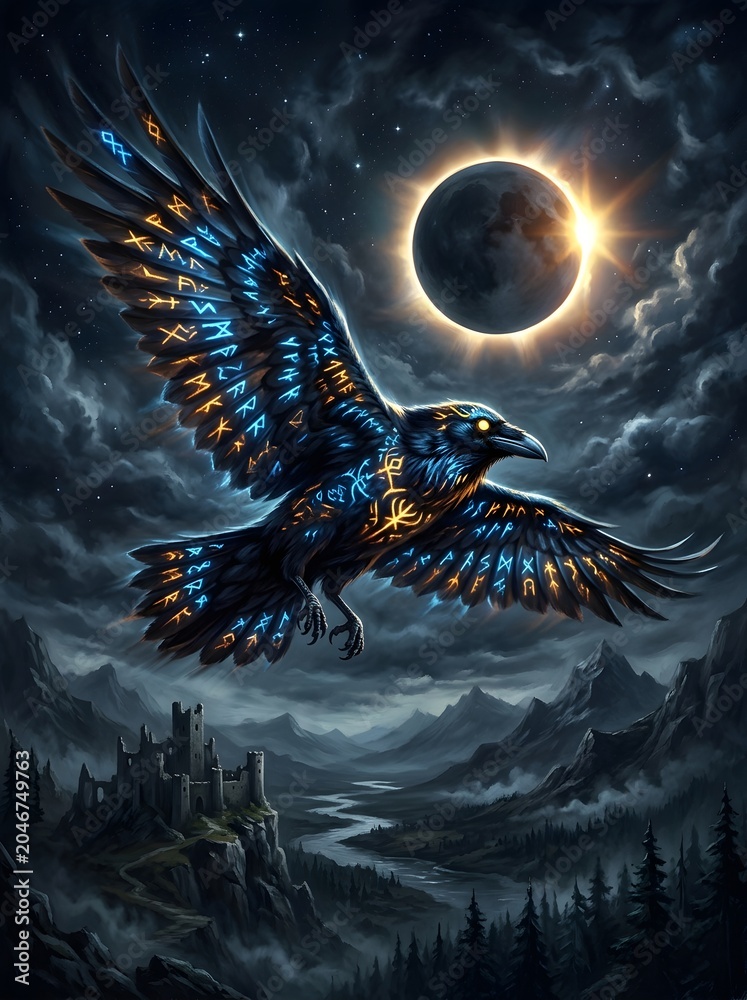 Obraz premium Mystical Raven Soars Under a Cosmic Solar Eclipse Over Ancient Castle Landscape.