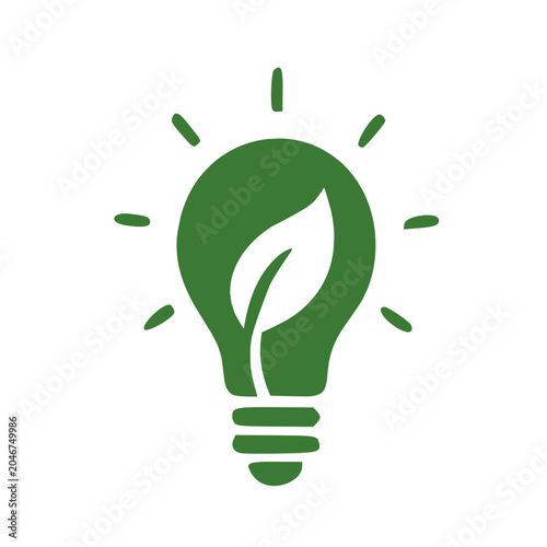 Bright green eco-friendly light bulb with sprouting leaf symbolizing sustainability.