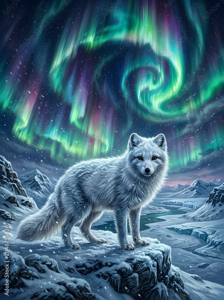 Naklejka premium Arctic Fox Standing Proudly Underneath the Mesmerizing Aurora Borealis in a Snowy Landscape.