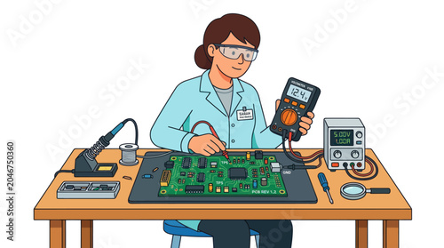 Fotografie Electronic engineer testing circuit board with digital multimeter tool