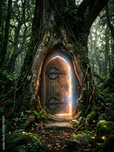 Enchanted Forest Doorway in Ancient Tree Trunk with Mystical Light.