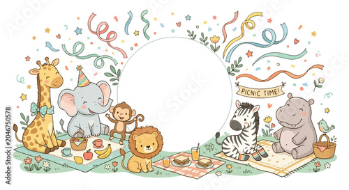 Photography Cute cartoon animals enjoy a festive outdoor picnic with snacks, streamers, and confetti around a central white circular frame for custom text
