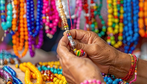 Artisan's Hands Crafting Intricate Beaded Necklaces with Vibrant Colors