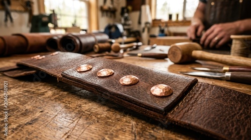 Close up of handmade leather goods with copper rivets on a wooden workbench in a rustic workshop