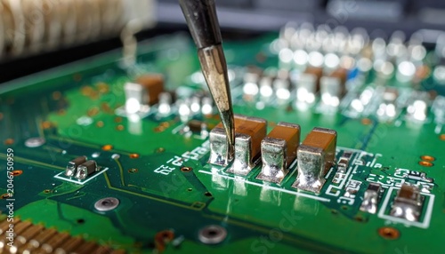 Close-up of intricate circuit board soldering with a fine-tipped iron, showcasing electronic component assembly and precision craftsmanship