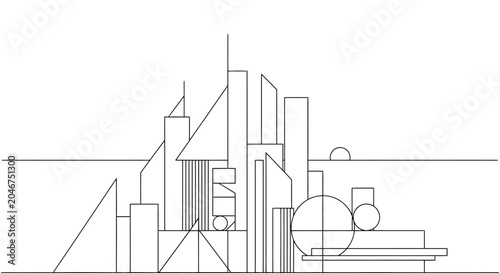 Abstract geometric cityscape line art illustration, minimalist urban skyline outline drawing, modern architecture with basic shapes