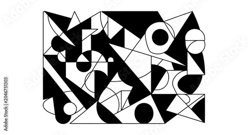 Modern abstract geometric pattern with intersecting black and white shapes, lines, and circles for graphic design and contemporary backgrounds