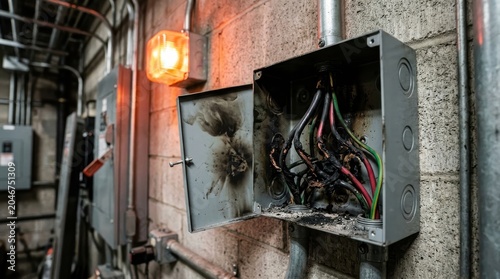 Damaged Electrical Junction Box With Burnt Wires And Warning Light