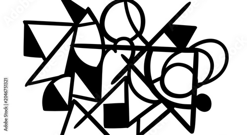 Abstract Geometric Shapes Illustration - Modern Black and White Dynamic Pattern Design with Intersecting Lines and Forms