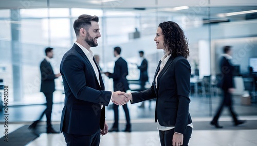Professional business handshake between corporate executives in modern office environment symbolizing partnership, agreement and success