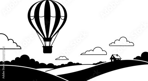Hot Air Balloon Flying Over Scenic Rural Landscape - Black and White Vector Illustration with Hills, House and Clouds