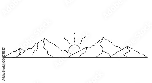 Clean line art mountain range illustration with sun rising, minimalist outdoor adventure graphic design element