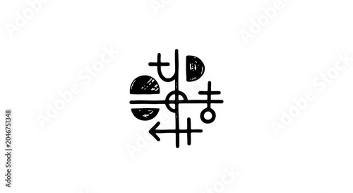 Abstract geometric symbol with hand-drawn texture, minimalist graphic icon design, modern black and white artistic composition of shapes