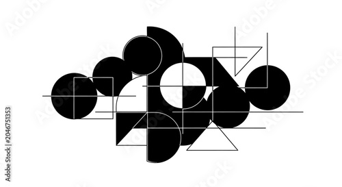 Abstract geometric pattern with overlapping black and white shapes, modern minimalist graphic design background, creative contemporary art
