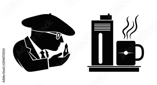Coffee connoisseur silhouette with flat cap inspecting coffee bean next to modern drip brewing machine and steaming hot mug. Aroma and quality concept.