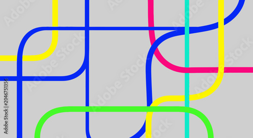 Dynamic abstract background with colorful intersecting and overlapping curved lines creating a modern geometric network pattern on a light grey backdrop.