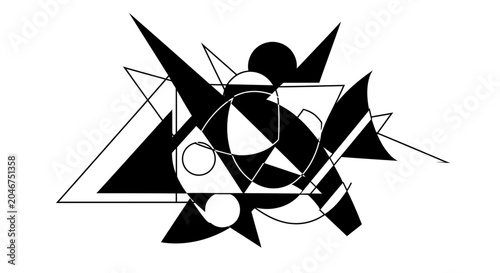 Contemporary Abstract Geometric Art Composition with Overlapping Black and White Shapes and Lines