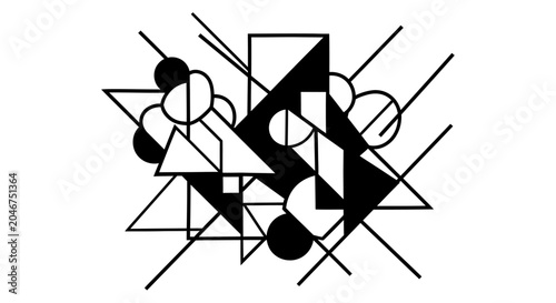 Modern abstract geometric composition with triangles, circles, and squares in black and white. Dynamic minimalist design background.
