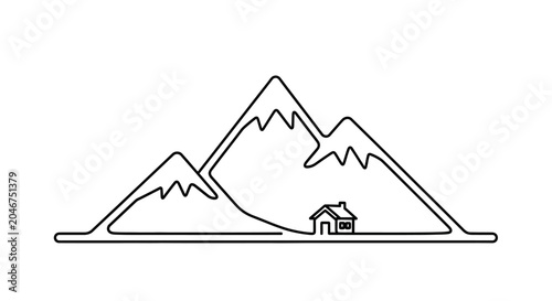 Minimalist line art drawing: tranquil mountain landscape with a cozy house nestled among snow-capped peaks.