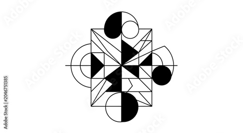 Modern minimalist abstract geometric design in black and white. Symmetrical pattern with triangles, circles, and lines. Graphic art.