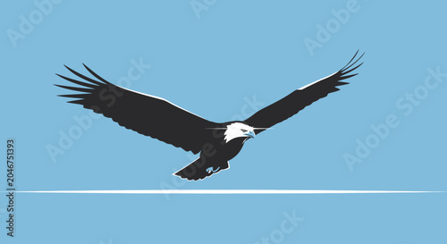 Powerful bald eagle vector illustration soaring in a vast blue sky, symbol of freedom, strength, and wildlife.