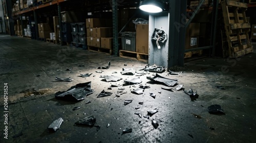 Debris Scattered Across Warehouse Floor Under Industrial Lighting