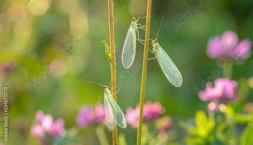 Delicate green lacewings with gossamer wings perched on thin stems in a natural garden setting