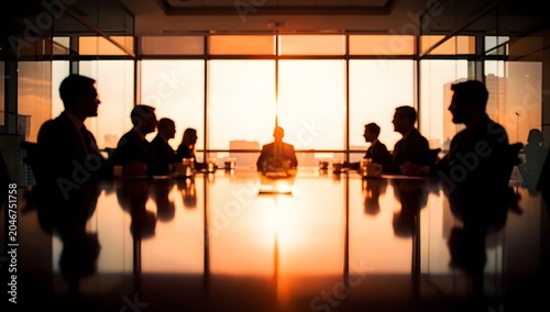 Executive boardroom meeting at sunset with business leaders silhouetted against golden light in modern corporate conference room
