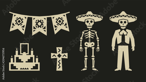 Foto Day of the Dead geometric vector icons with skeleton mariachi sombrero papel pic