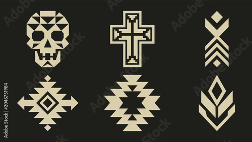 Billede på lærred Set of six geometric tribal icons including skull cross and abstract ethnic symb