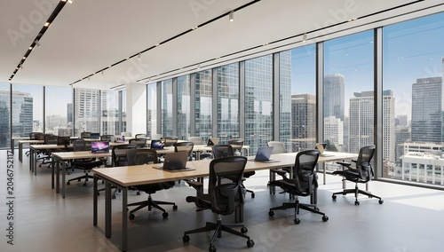Bright modern open office workspace with panoramic city skyline view featuring contemporary desks, chairs and corporate interior design