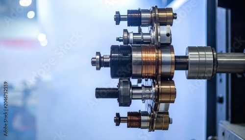 Intricate arrangement of polished metal components for a complex mechanical sculpture or industrial machinery
