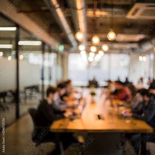 Modern coworking workspace with professionals collaborating at a long conference table in a contemporary office environment
