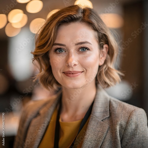 Confident professional woman portrait with modern business attire and warm bokeh background representing leadership success and career growth
