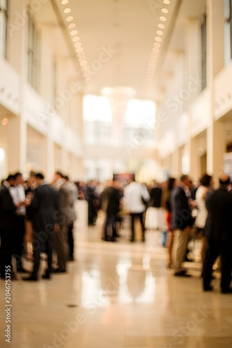 Professional business networking event in a modern convention hall with attendees engaging in conversation and corporate relationship building
