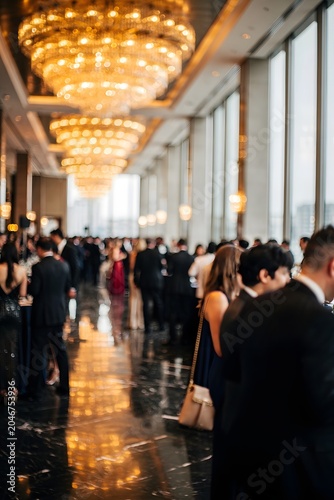Luxury corporate networking event in an elegant ballroom filled with business professionals engaging in conversation and relationship building
