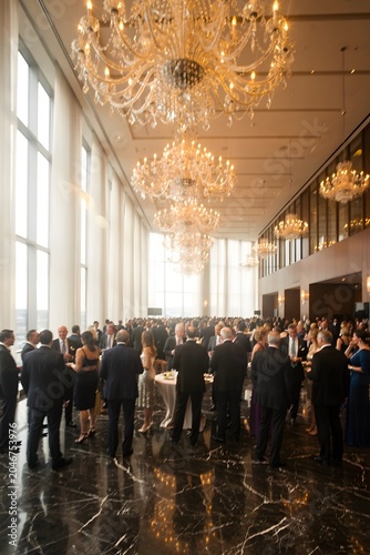 Luxury corporate networking event in an elegant ballroom filled with business professionals engaging in conversation and relationship building
