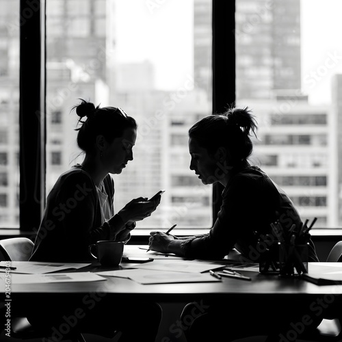 Silhouette of two business professionals collaborating in a modern office with city skyline backdrop and digital communication tools
