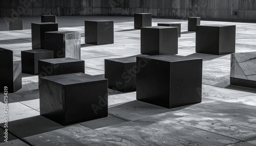 Perfectly Aligned Black Obsidian Cubes Arranged in a Stark Geometric Pattern on a Textured Concrete Floor